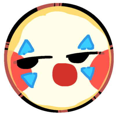 a round emoji yellow face with clown makeup, a red clown nose, and partly closed eyes looking to the side.